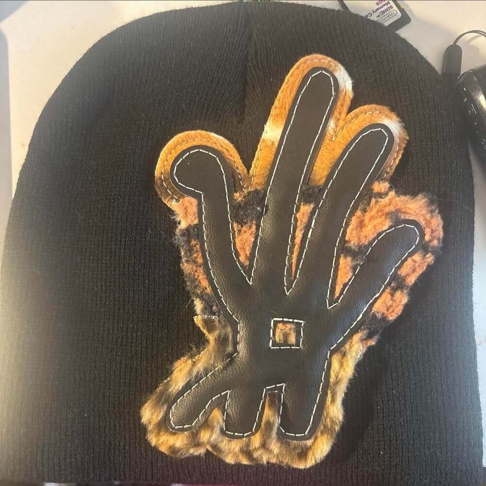 YKWYK Fur Beanie Black with Hand Sign Patch